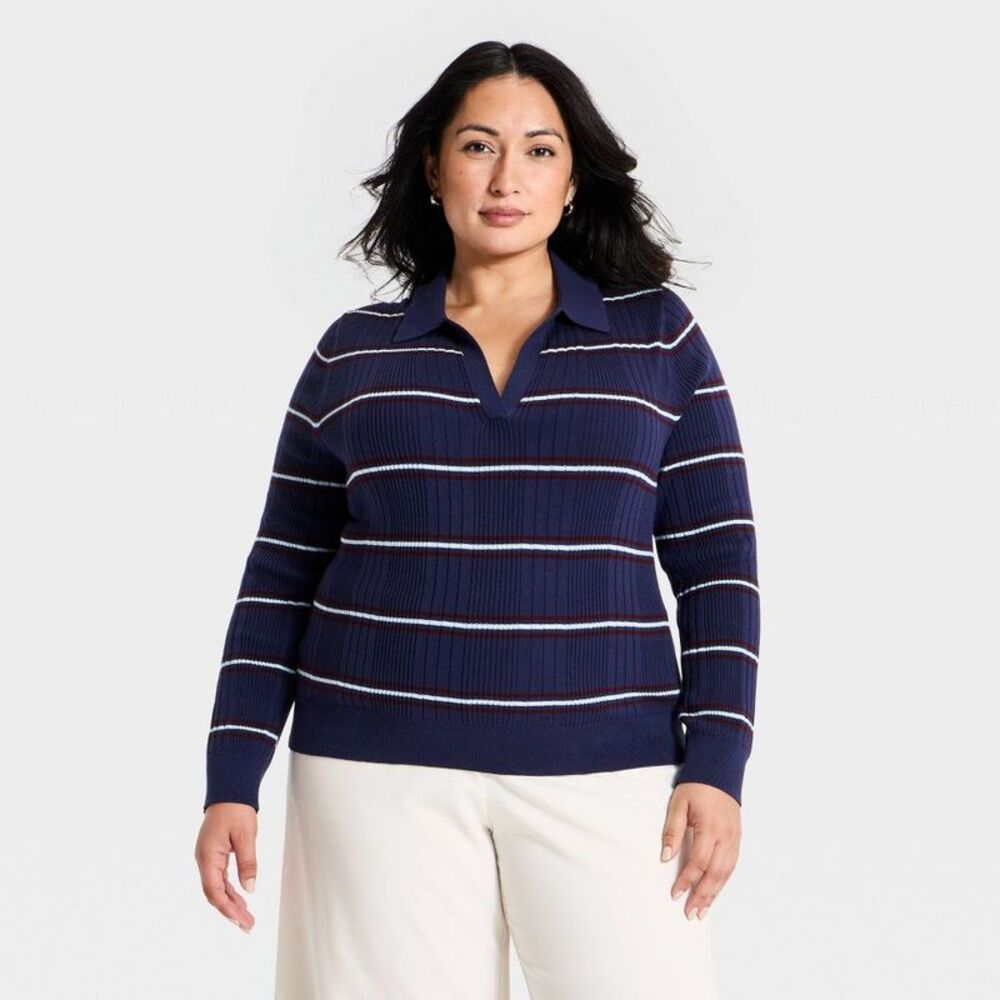 Women's Johnny Collar Pullover Polo Sweater - A New Day Navy Blue XXL